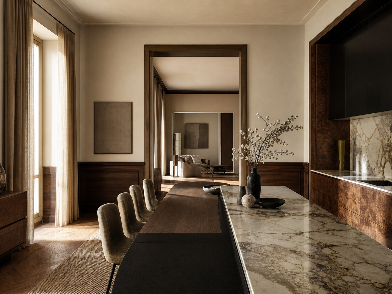 Milan kitchen atmosphere with walnut boiserie, marble island, and layered material truth context. — 304 stainless steel cabinetry editorial by Fadior