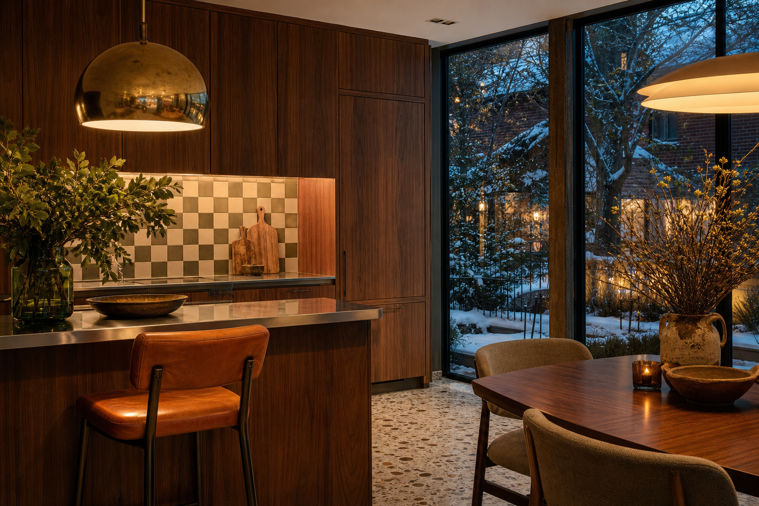 Fadior Montreal 150 sqm Kitchen Villa — Montreal walnut cabinet, counter edge, checkerboard tile, leather stool, snowy window