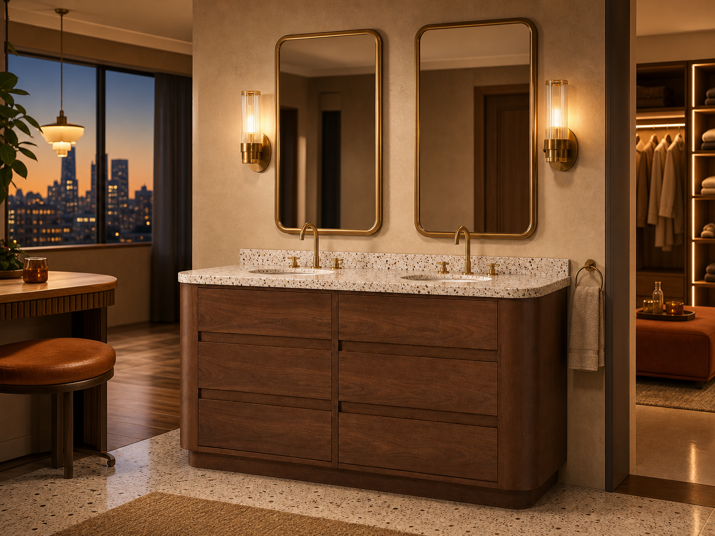 Fadior Voyage Bath Vanity Suite with Bronze Cove Double Vanity — interior room context showing cabinet integration
