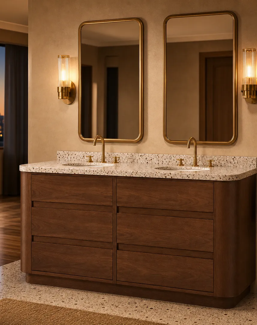 Fadior Voyage Bath Vanity Suite with Bronze Cove Double Vanity — interior room context showing cabinet integration
