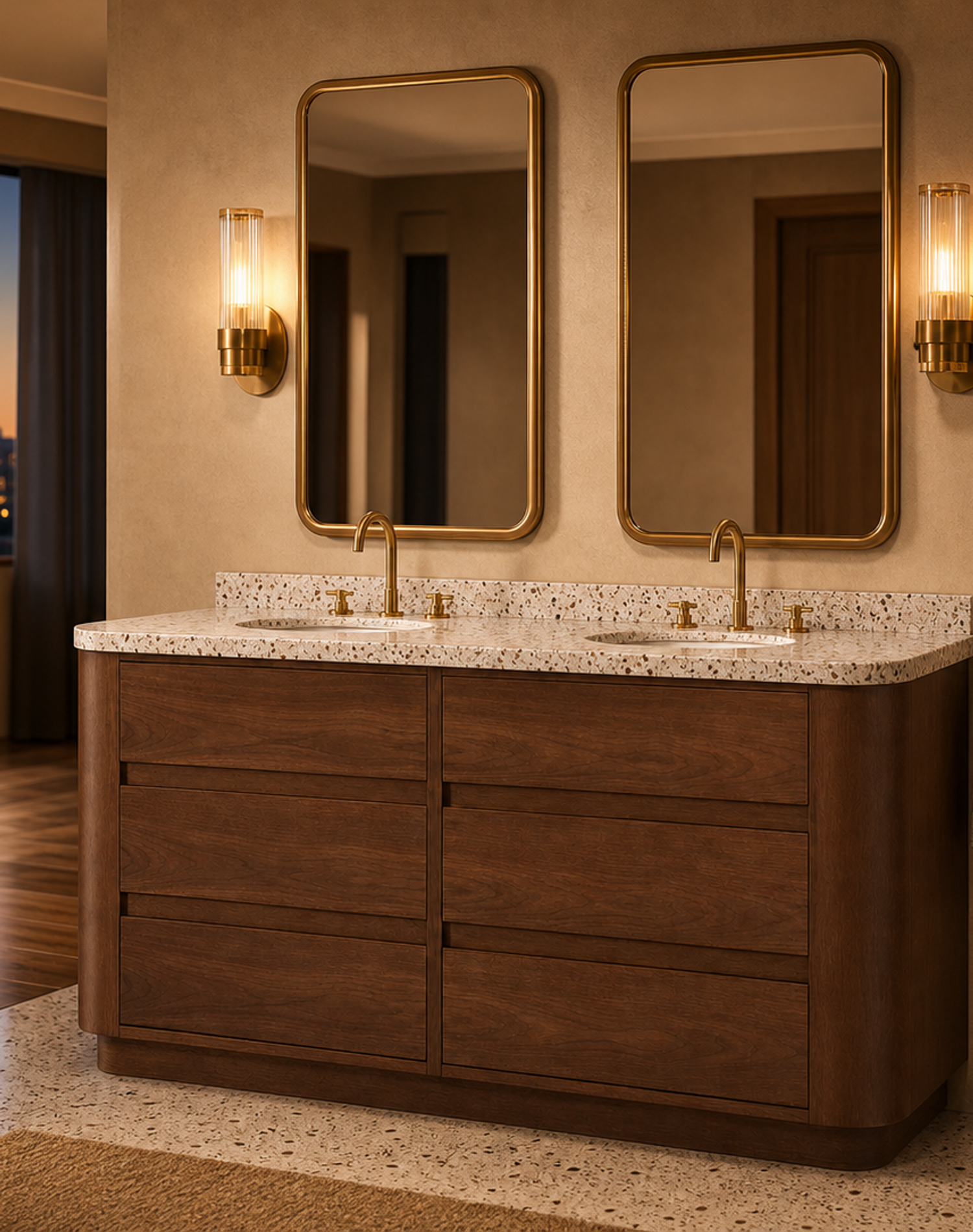 Fadior Voyage Bath Vanity Suite with Bronze Cove Double Vanity — interior room context showing cabinet integration