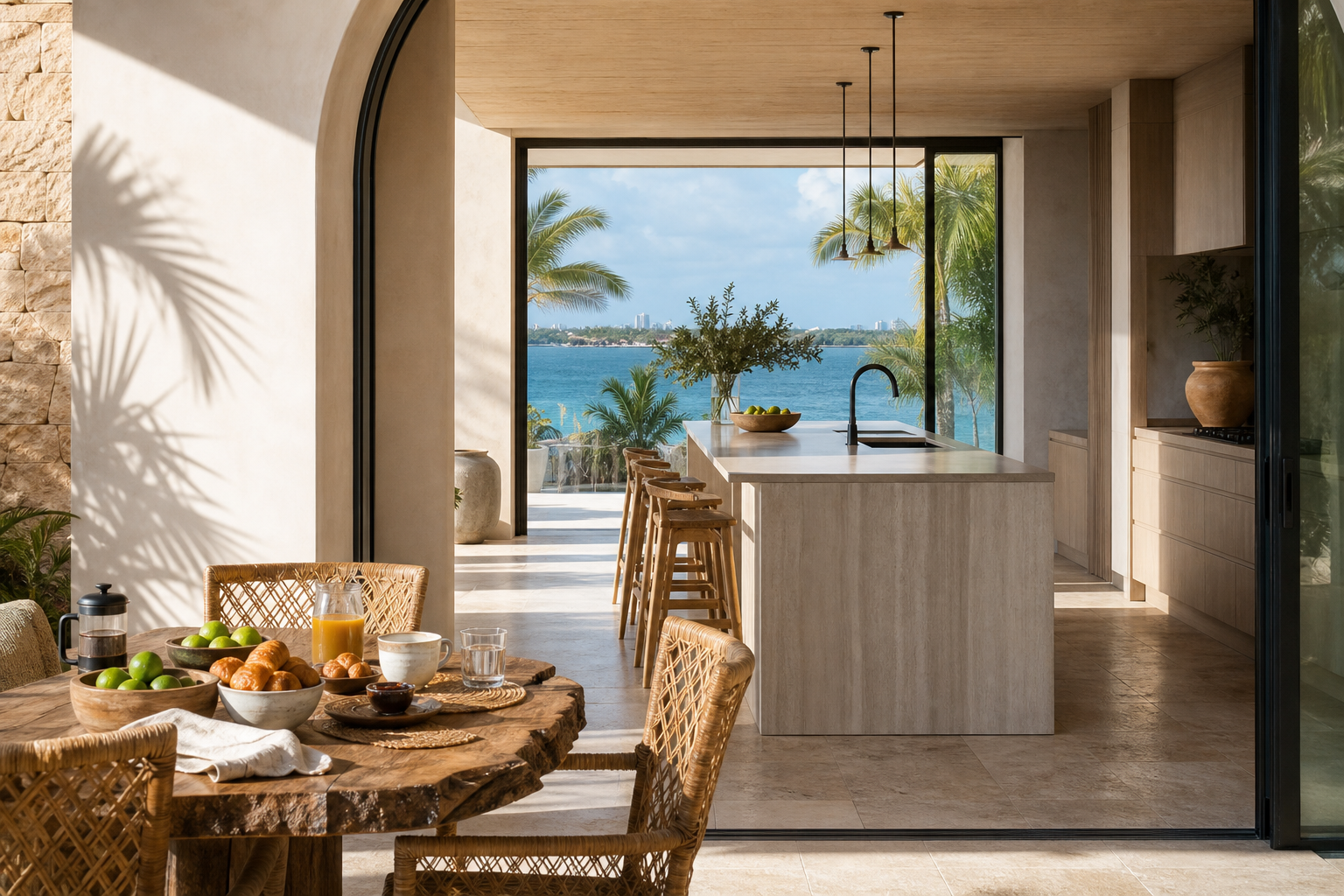 Fadior Miami Skyline Penthouse — Miami terrace lifestyle view with kitchen counter, olive wood table, palm shadow,