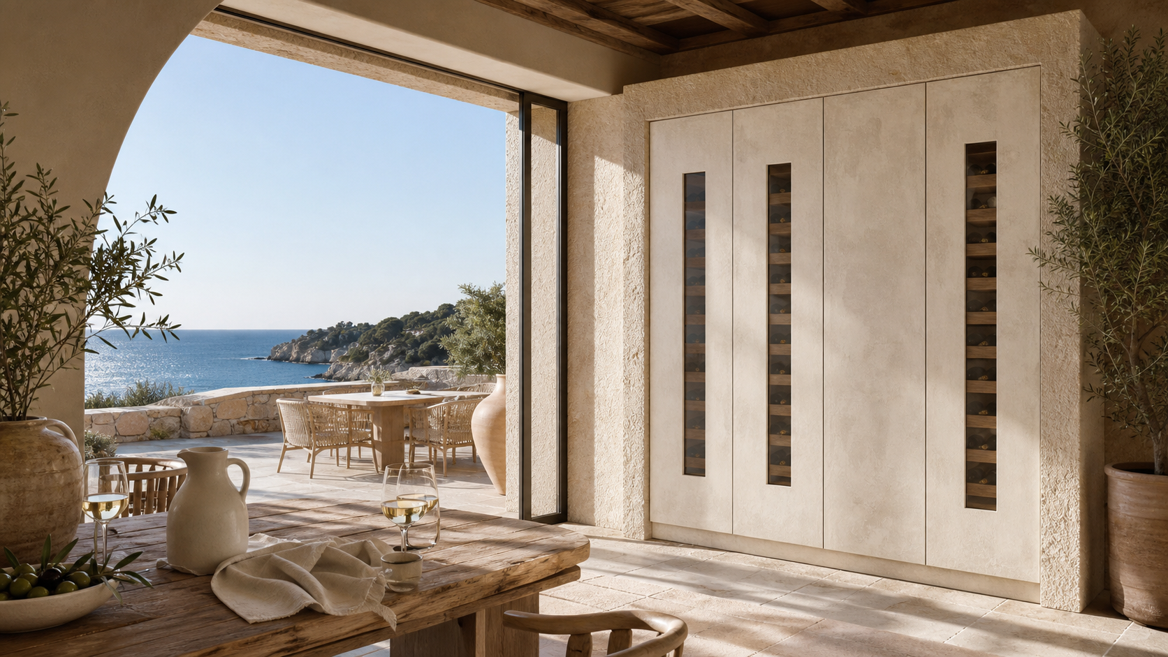 Fadior Grotto Wine Cabinet Suite with Moonstone Chilled Larder Wall — lifestyle setting with natural light and residential