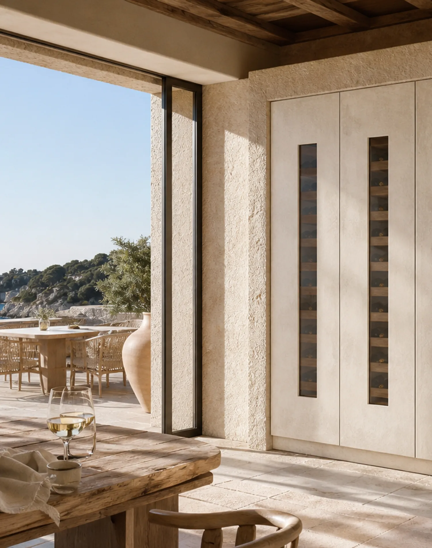 Fadior Grotto Wine Cabinet Suite with Moonstone Chilled Larder Wall — lifestyle setting with natural light and residential