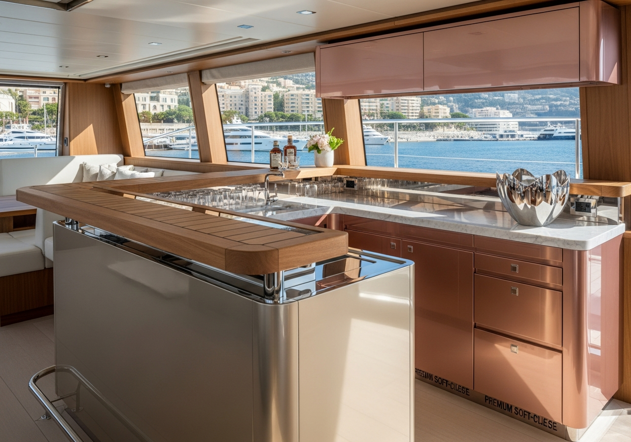 Fadior Monaco Superyacht Interior — wine bar and entertainment area