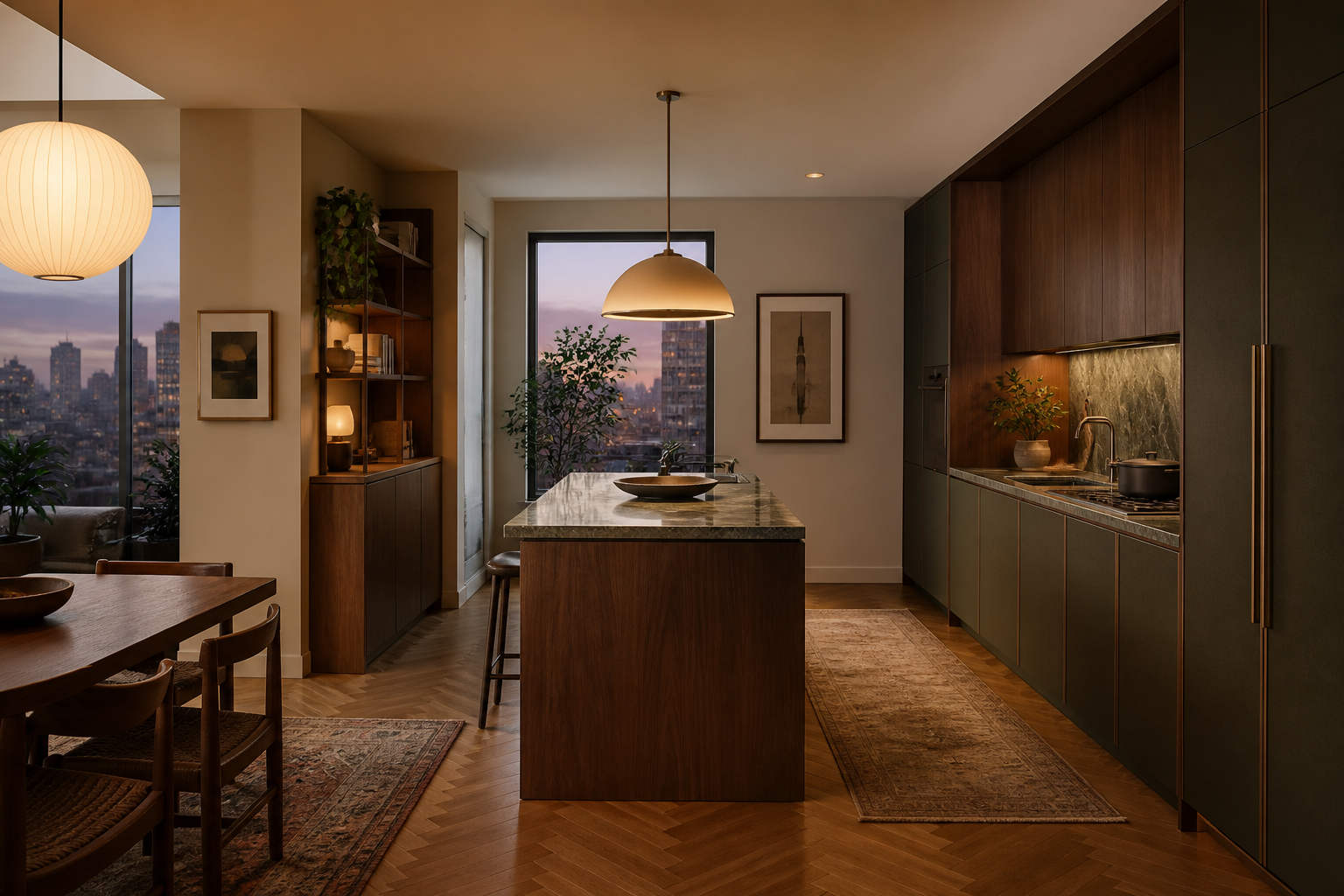 Kitchen zones for storage, preparation, cooking and cleanup arranged around a clear pathway