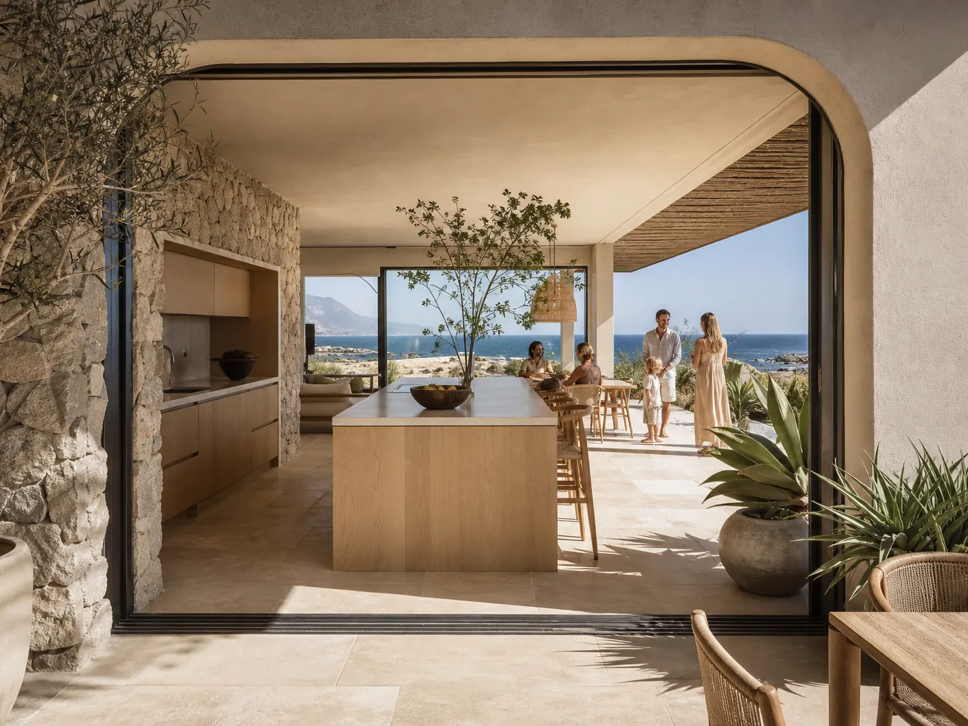 Fadior Cape Town 600 sqm Kitchen Villa — limestone arch, kitchen island, teak ceiling, ocean window, travertine floor
