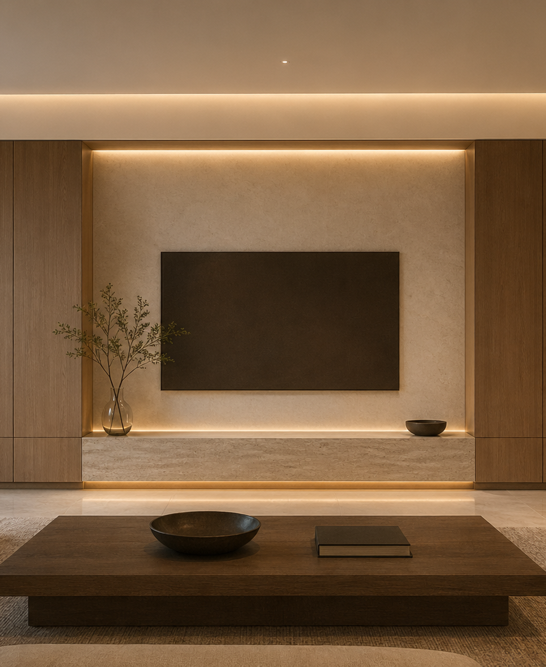 Fadior Patina Living Room Suite with Mineral Hearth Media Wall — 304 stainless steel living room system, front view