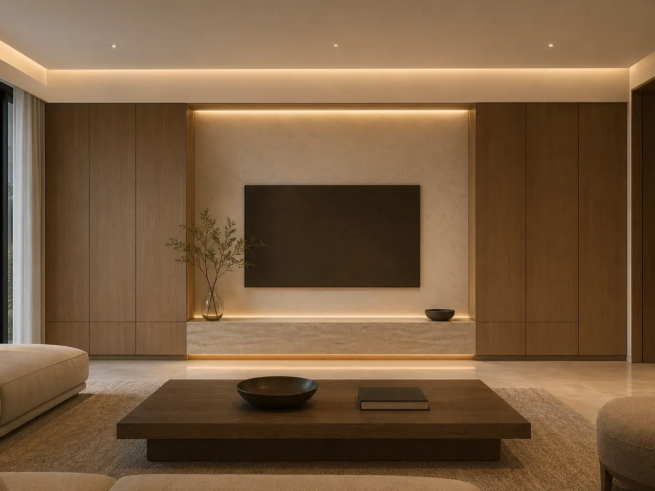 Fadior Patina Living Room Suite with Mineral Hearth Media Wall - stainless steel living room cabinetry with media storage, display shelving, concealed devices, and residential finishes
