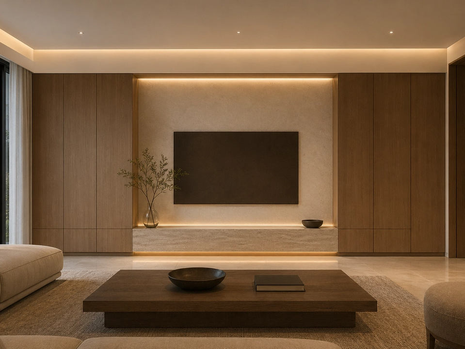 Fadior Patina Living Room Suite with Mineral Hearth Media Wall — 304 stainless steel living room system, front view