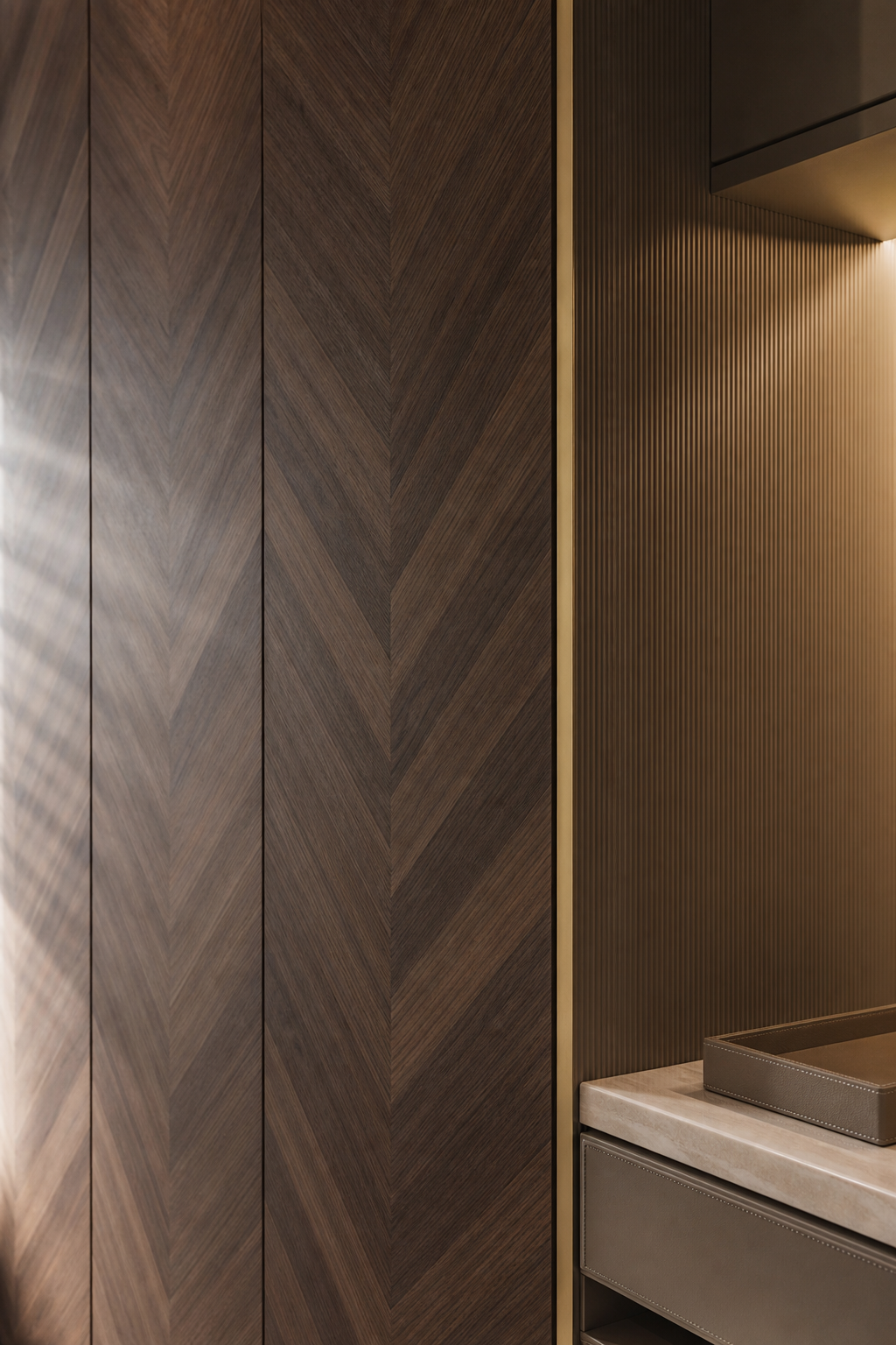 Fadior Resonance Wardrobe Suite with Herringbone Morning Alcove — close-up of stainless steel finish and hardware detail