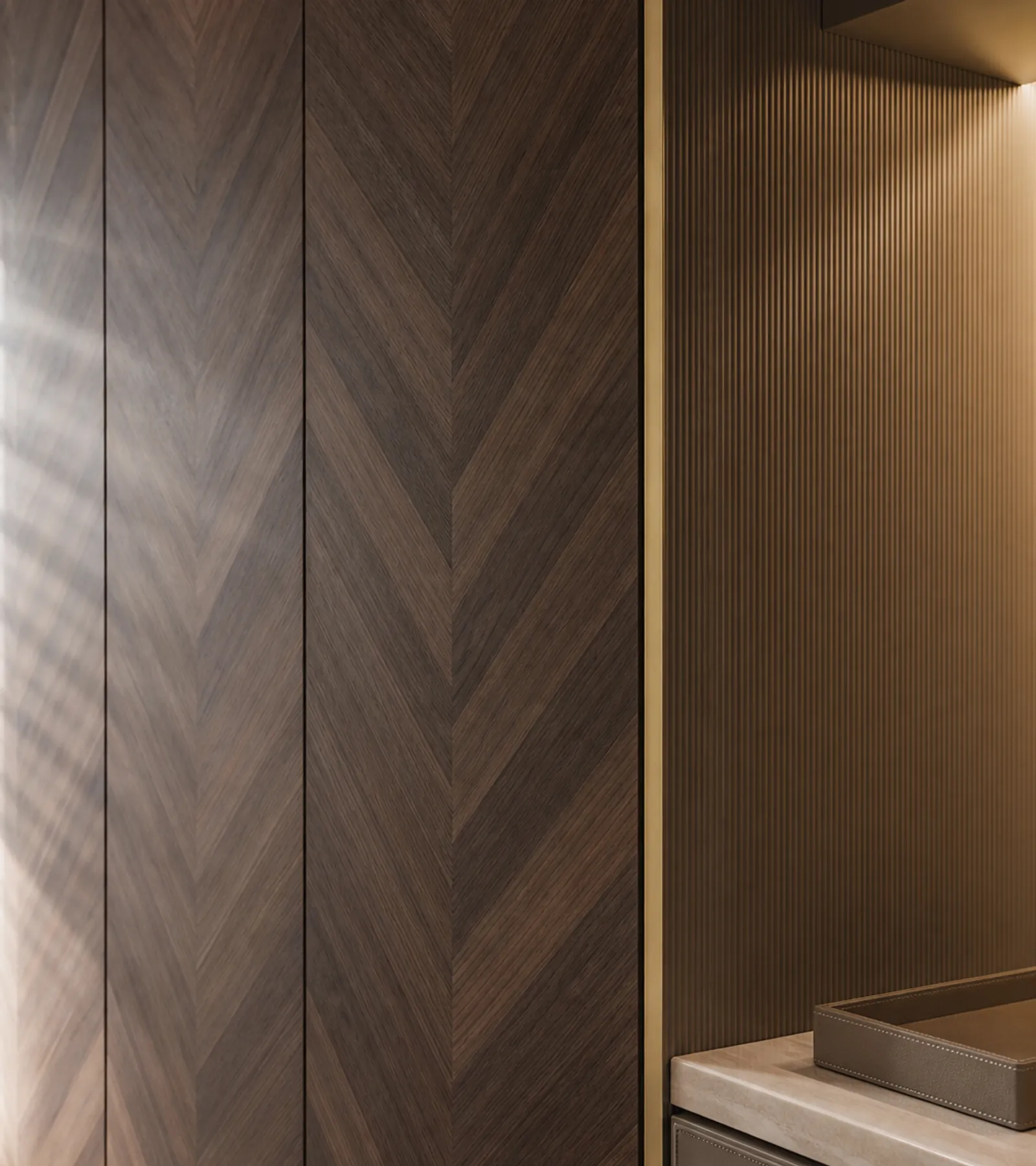 Fadior Resonance Wardrobe Suite with Herringbone Morning Alcove — close-up of stainless steel finish and hardware detail