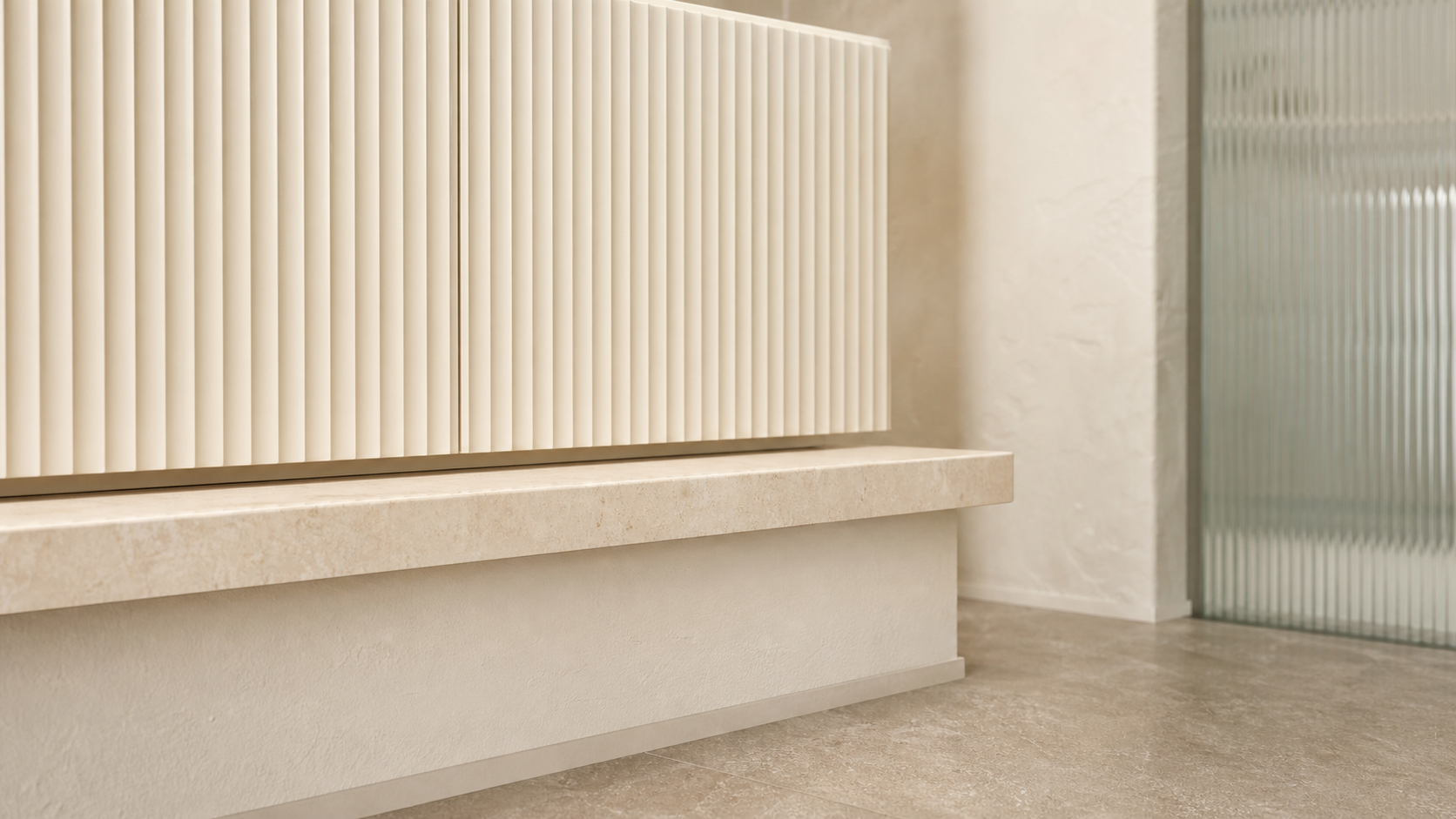 Fadior Solstice Bath and Vanity Suite with Fluted Onsen Linen Plinth — close-up of stainless steel finish and hardware detail