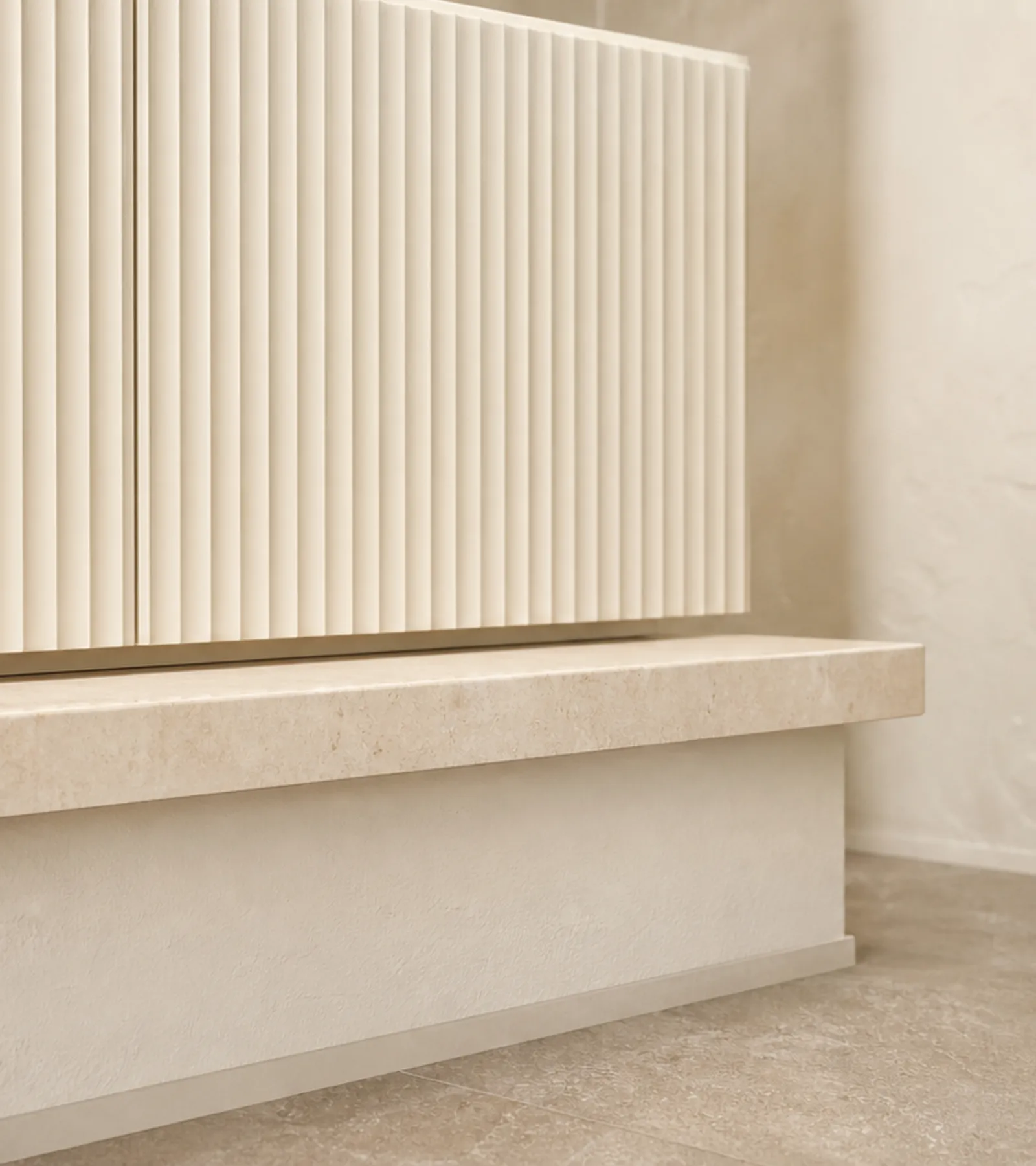 Fadior Solstice Bath and Vanity Suite with Fluted Onsen Linen Plinth — close-up of stainless steel finish and hardware detail