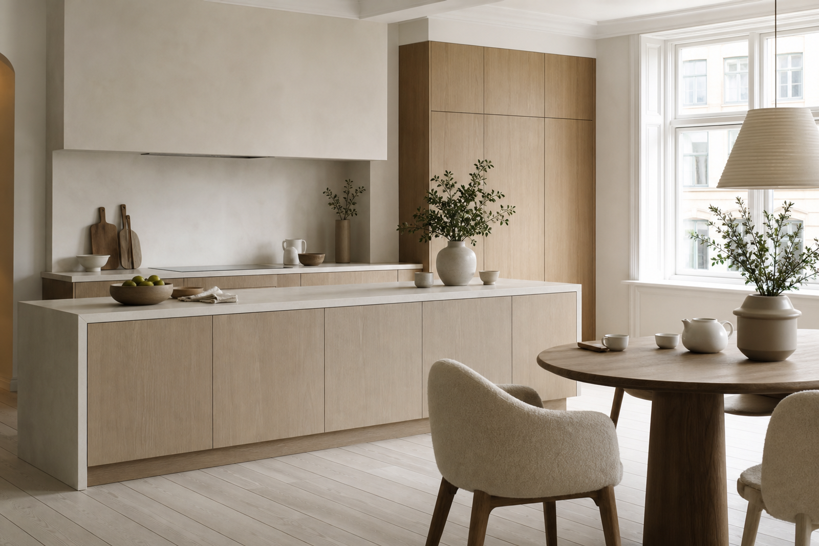 Airy kitchen atmosphere with blond ash cabinetry and chalk-white finishes for buyer guidance.