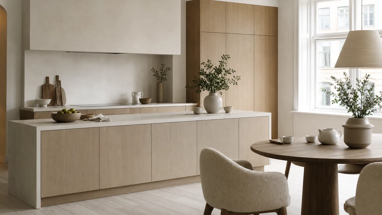 Airy kitchen atmosphere with blond ash cabinetry and chalk-white finishes for buyer guidance.