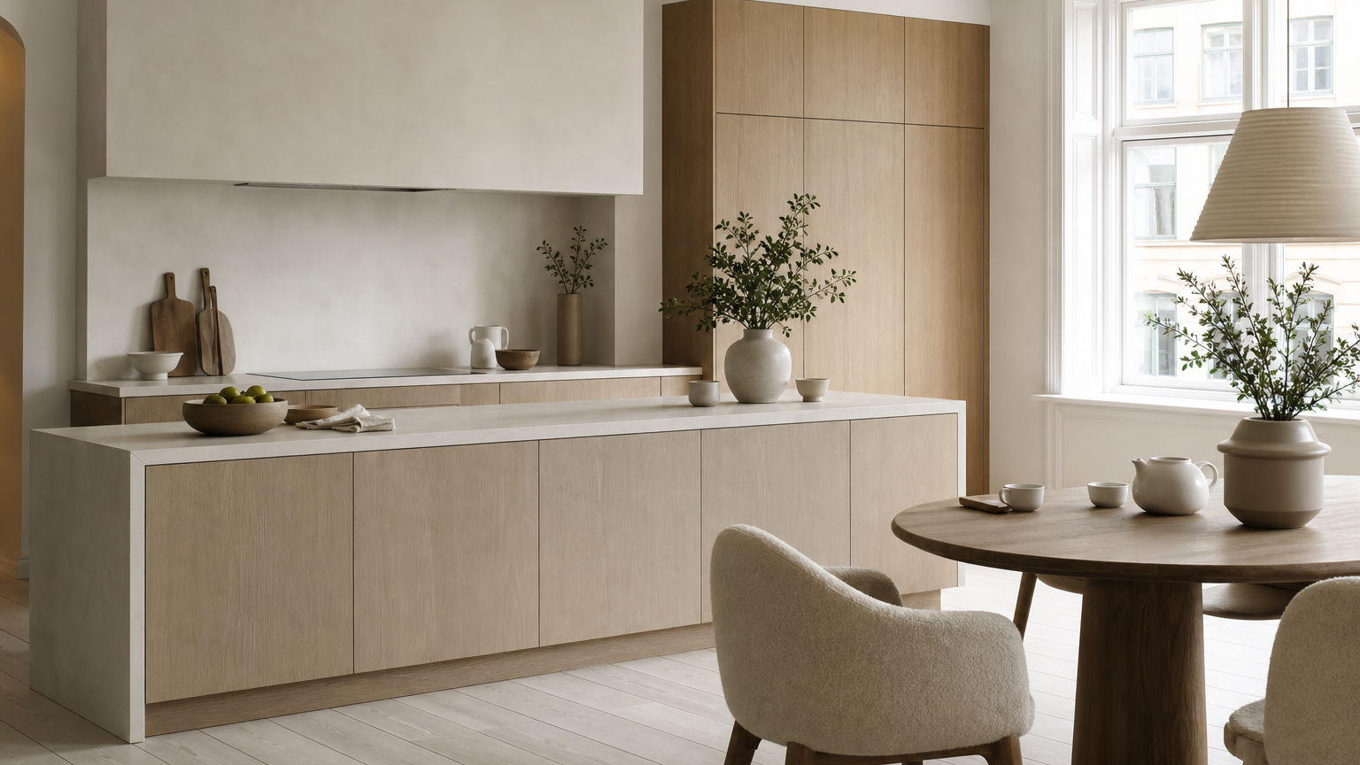 Airy kitchen atmosphere with blond ash cabinetry and chalk-white finishes for buyer guidance.
