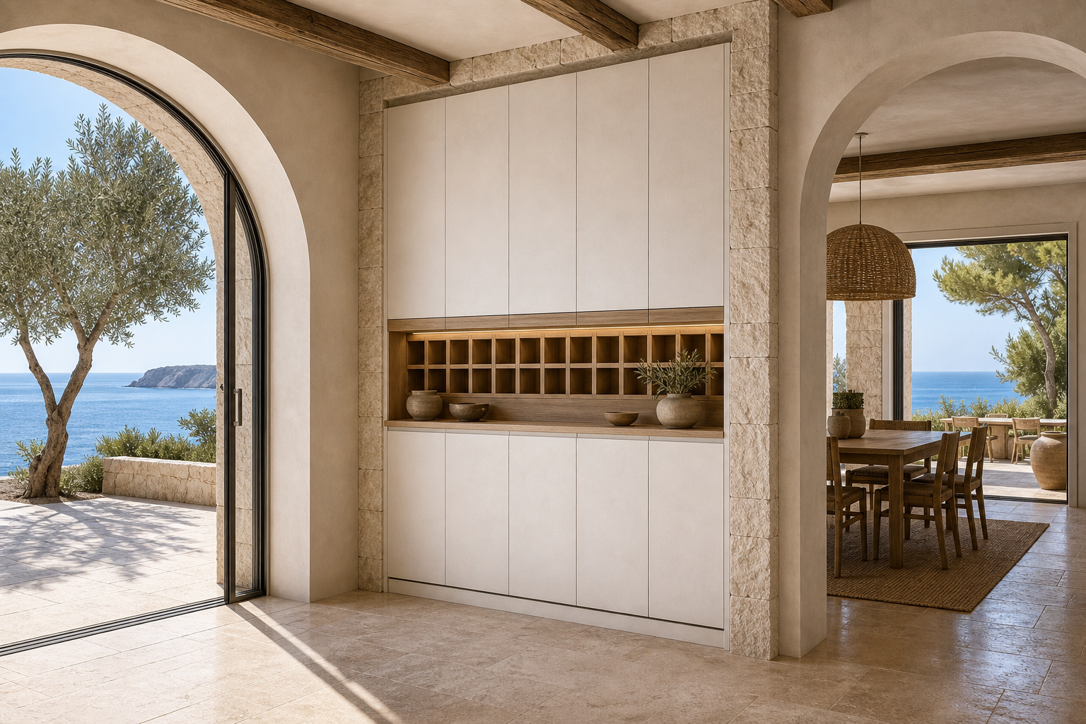 Fadior Grotto Wine Cabinet Suite with Luminous Cellar Service Bar — interior room context showing cabinet integration