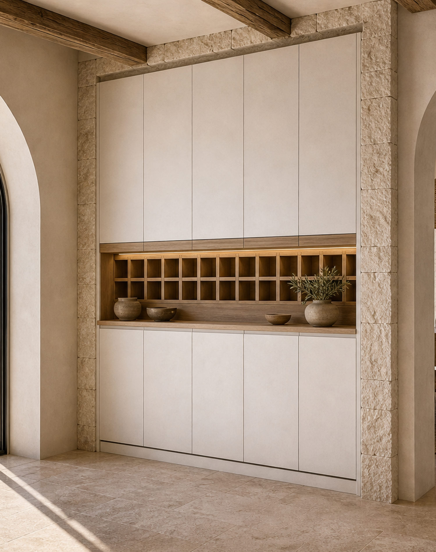 Fadior Grotto Wine Cabinet Suite with Luminous Cellar Service Bar — interior room context showing cabinet integration