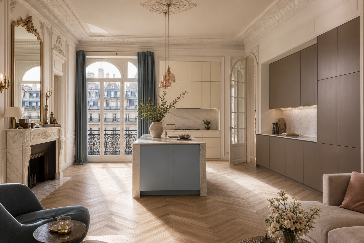Comparison scene: integrated European-style storage wall beside loose cabinet planning samples.