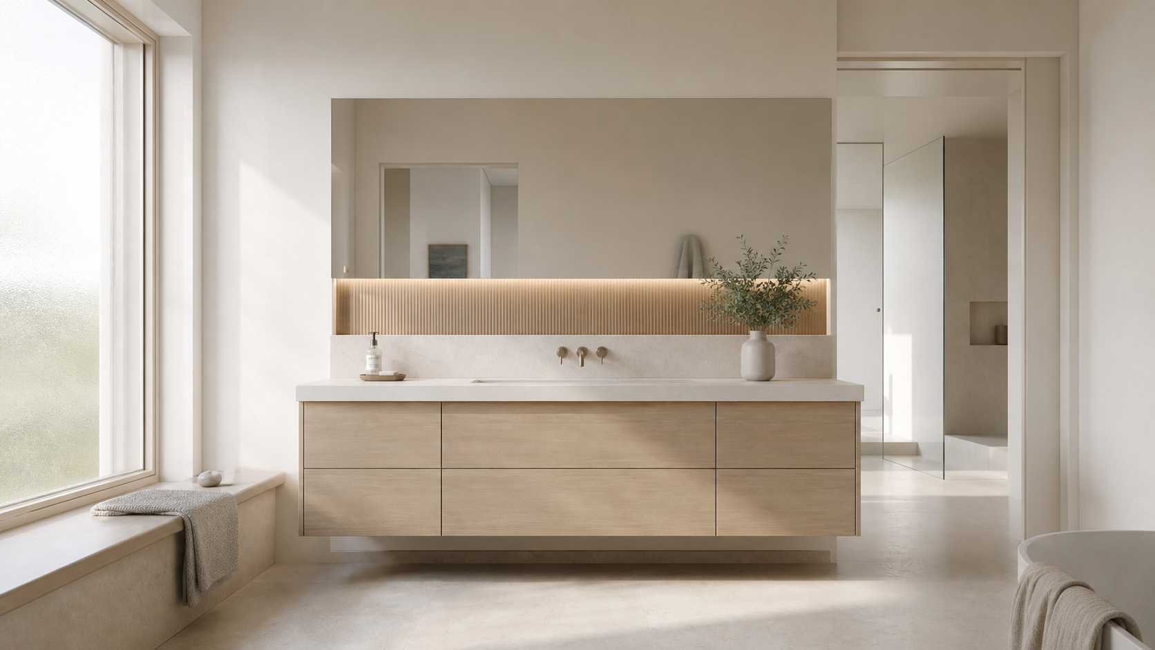 Fadior Ethereal Bath and Vanity Suite with Reeded Basin Niche — interior room context showing cabinet integration