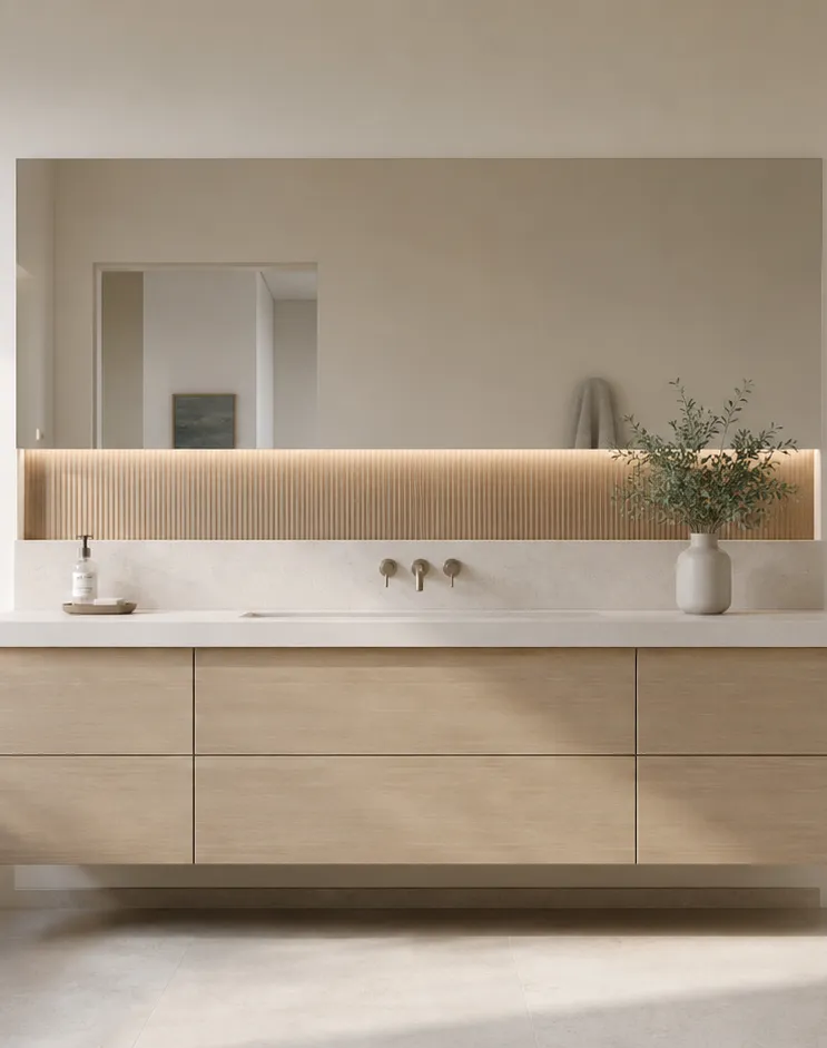 Fadior Ethereal Bath and Vanity Suite with Reeded Basin Niche — interior room context showing cabinet integration