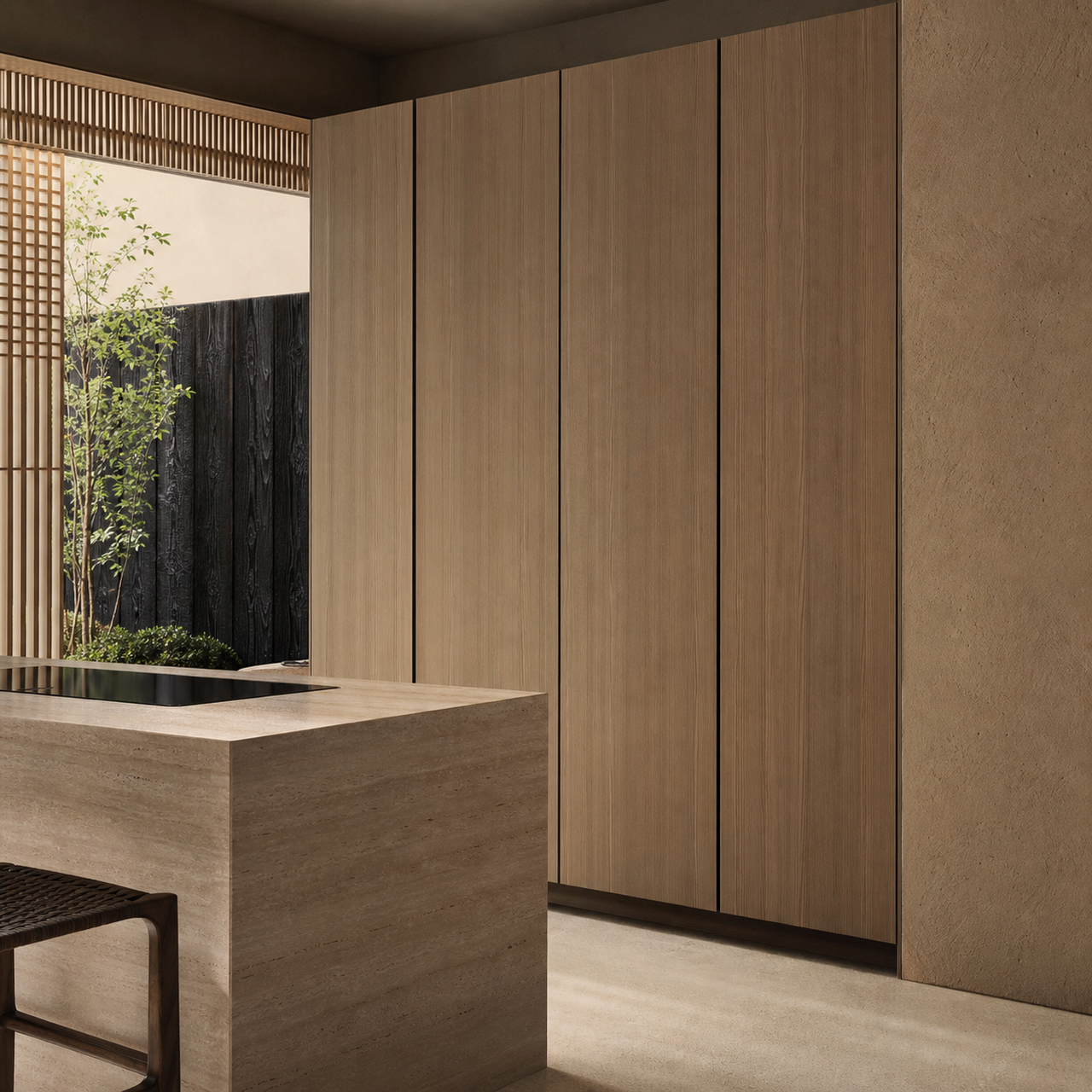Fadior Armarios Meridian Kitchen Suite with Fenix Travertine Wall — close-up of stainless steel finish and hardware detail