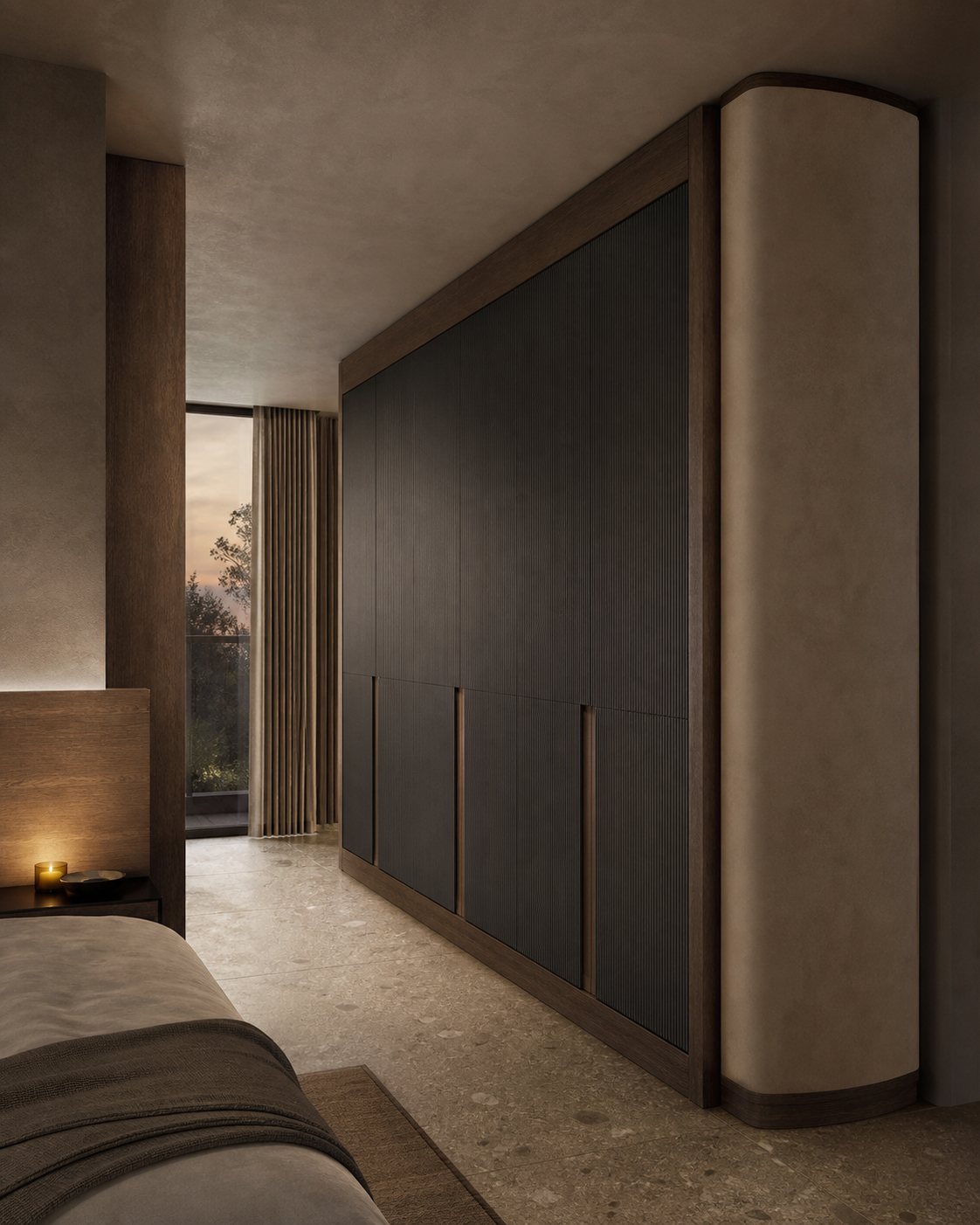 Fadior Onyx Wardrobe Suite with Charcoal Reeded Sleep Wall — interior room context showing cabinet integration