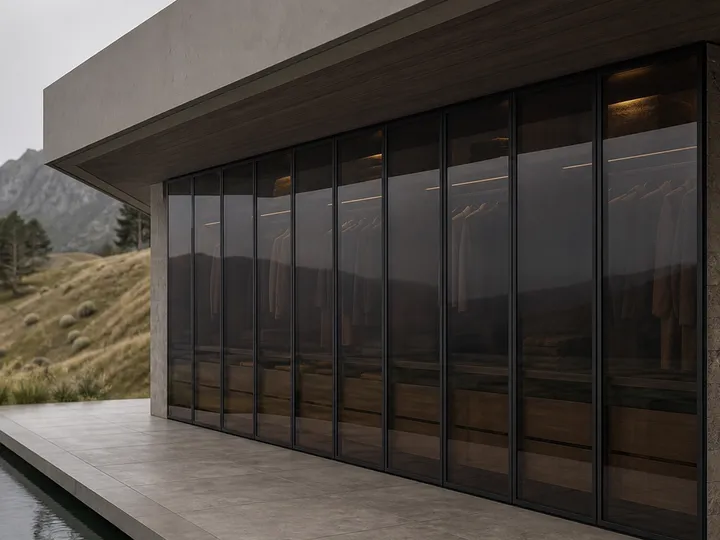 Fadior Eclipse Wardrobe Suite with Graphite Glass Wardrobe Promenade — 304 stainless steel wardrobe system, front view