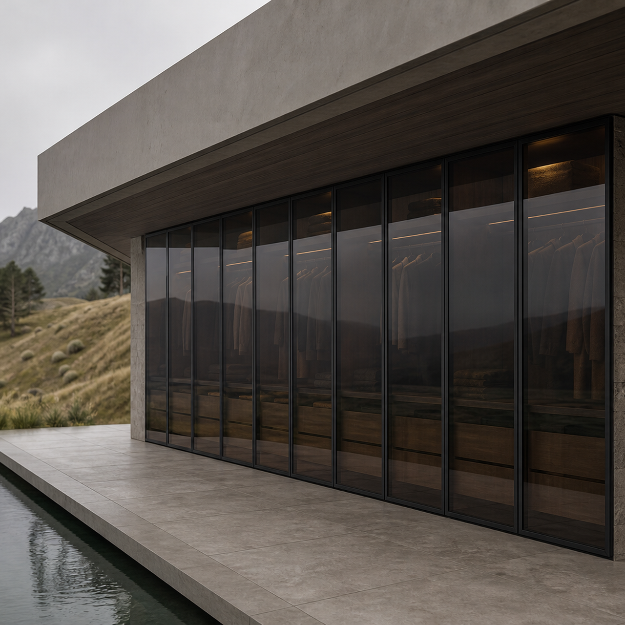 Fadior Eclipse Wardrobe Suite with Graphite Glass Wardrobe Promenade — 304 stainless steel wardrobe system, front view