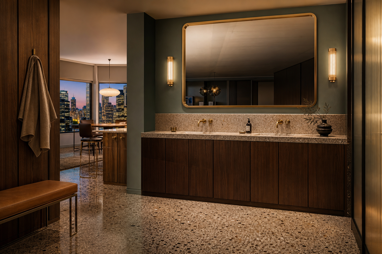 Fadior Nacre Bath and Vanity Suite with Scale Matched Basin Datum — interior room context showing cabinet integration
