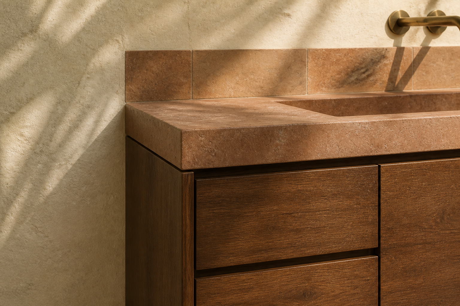 Fadior Voyage Bath Vanity with Lime Plaster Basin Console — close-up of stainless steel finish and hardware detail