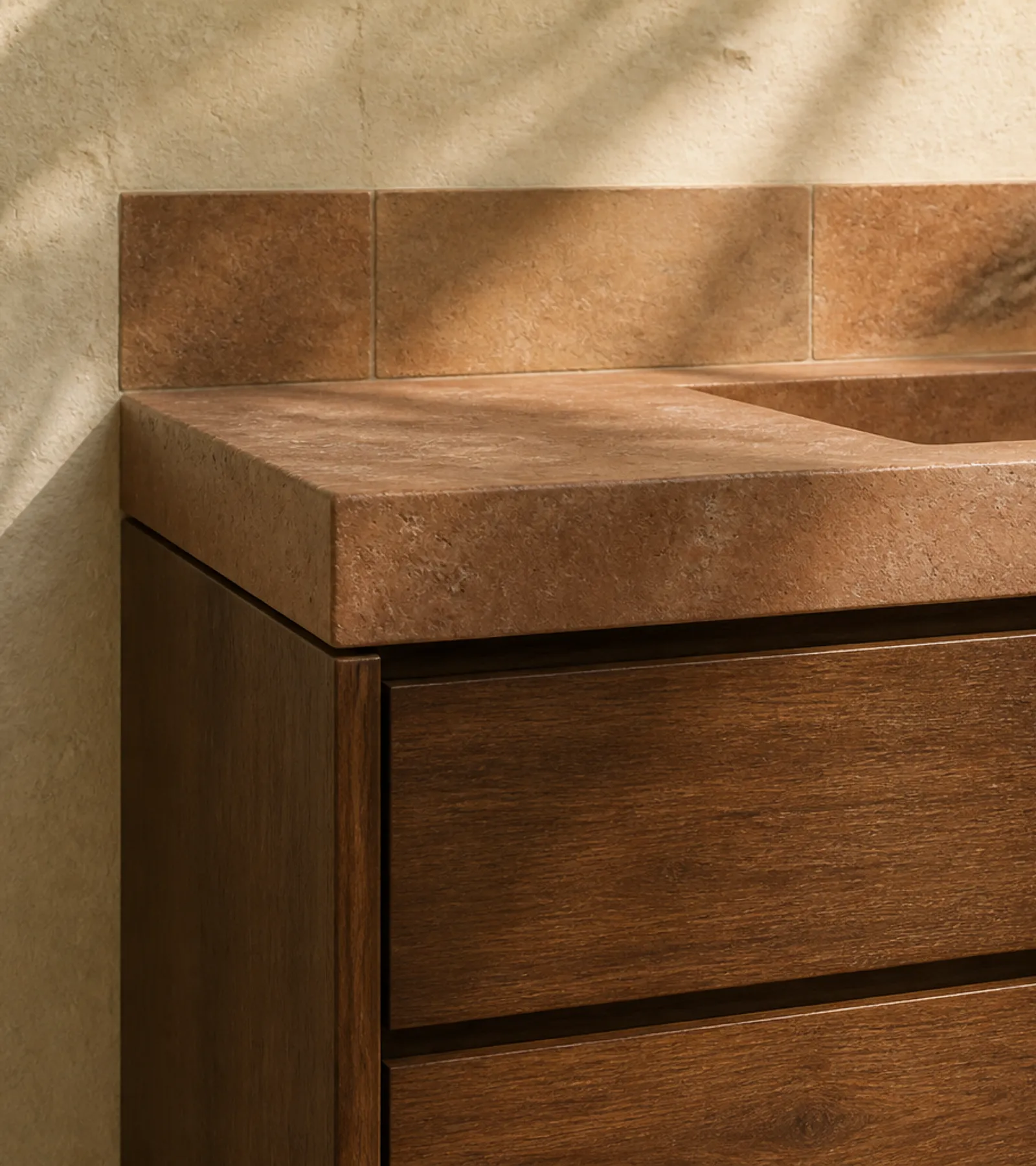 Tocador Voyage Bath con Consola de Lavabo de Yeso de Cal acabado y detalle
