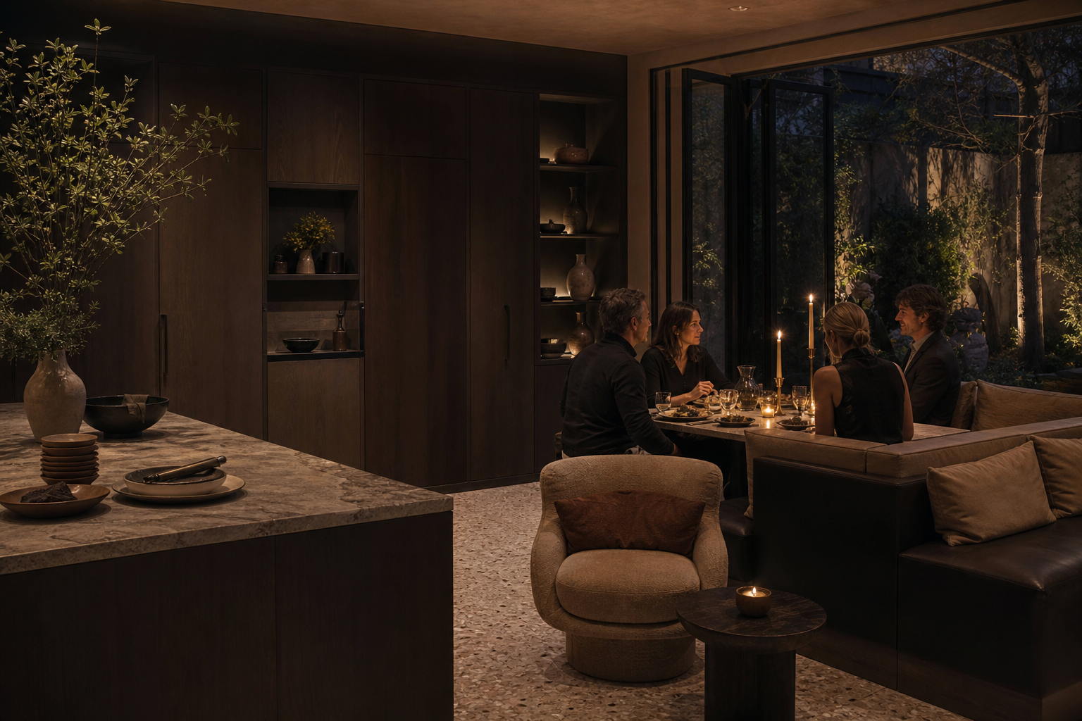 Fadior London 120 sqm Kitchen Villa — London townhouse hosting scene with kitchen island, cabinet wall, dining table, guests,