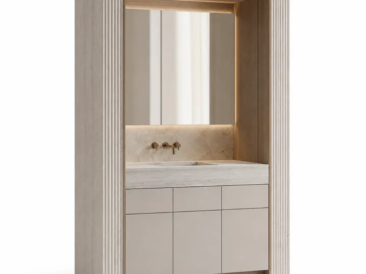 Fadior Voyage Bath Vanity Suite with Ribbed Travertine Wash Portal — 304 stainless steel bath and vanity system, front view