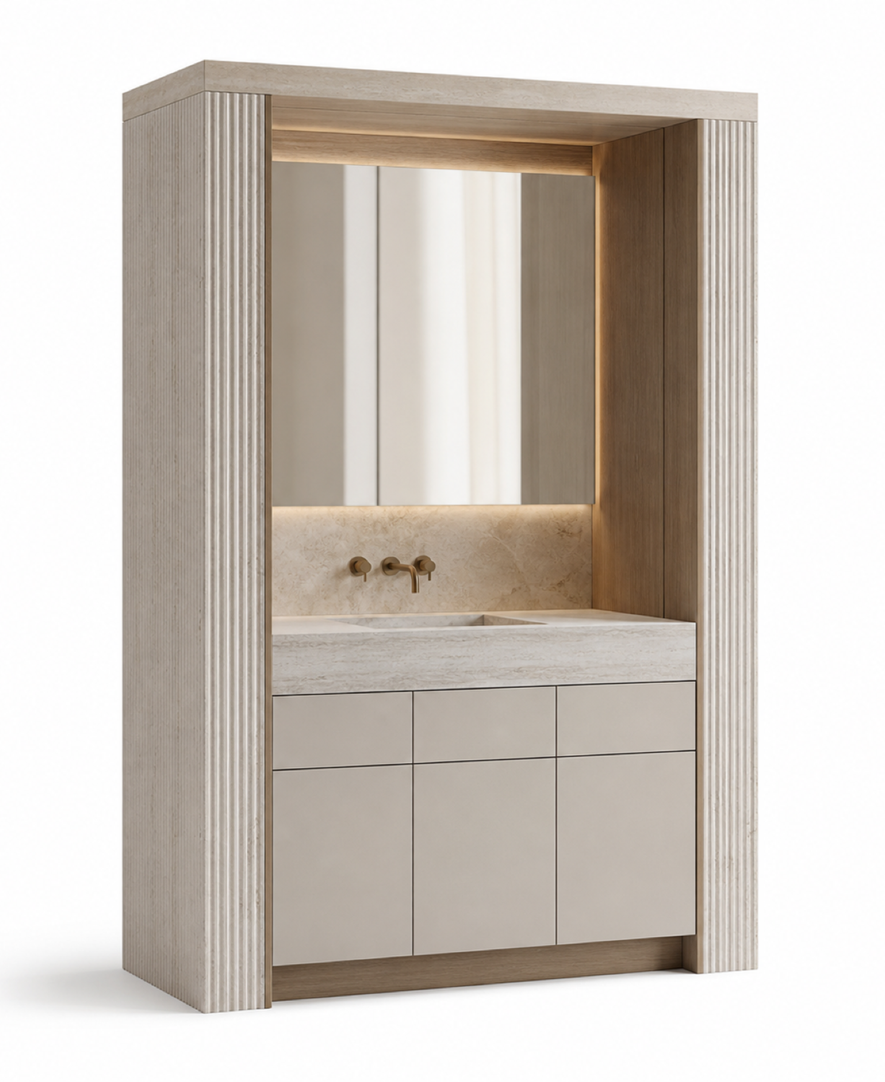Fadior Voyage Bath Vanity Suite with Ribbed Travertine Wash Portal — 304 stainless steel bath and vanity system, front view