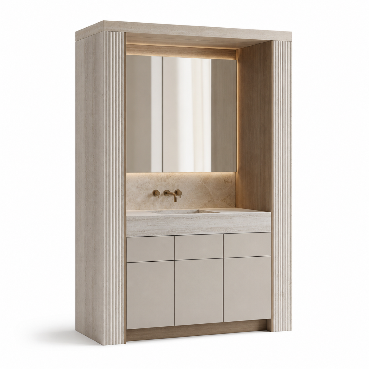 Fadior Voyage Bath Vanity Suite with Ribbed Travertine Wash Portal — 304 stainless steel bath and vanity system, front view