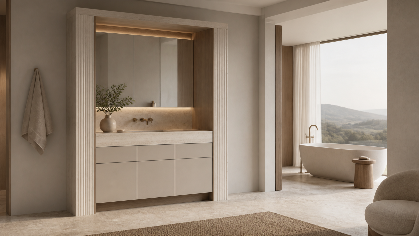 Fadior Voyage Bath Vanity Suite with Ribbed Travertine Wash Portal — lifestyle setting with natural light and residential