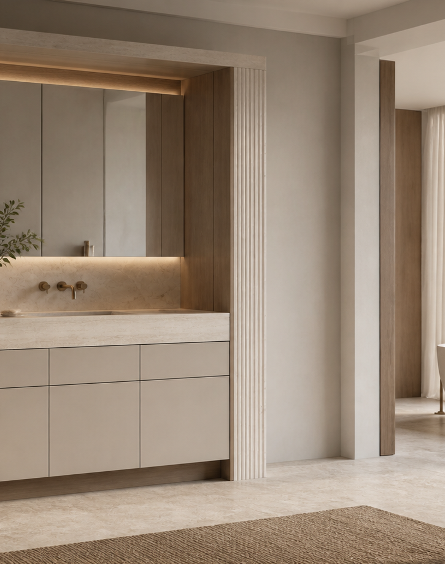 Fadior Voyage Bath Vanity Suite with Ribbed Travertine Wash Portal — lifestyle setting with natural light and residential