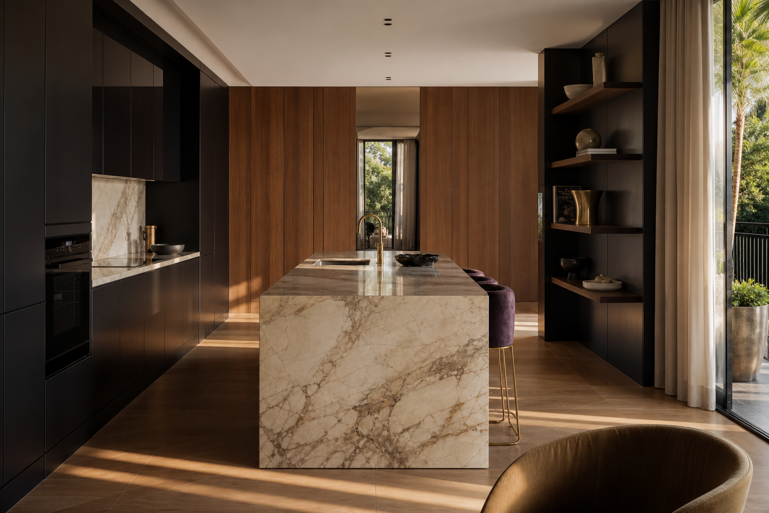 Fadior Medellin 185 sqm Kitchen Apartment — marble island, black cabinet wall, walnut panels, brass accent, oak parquet floor