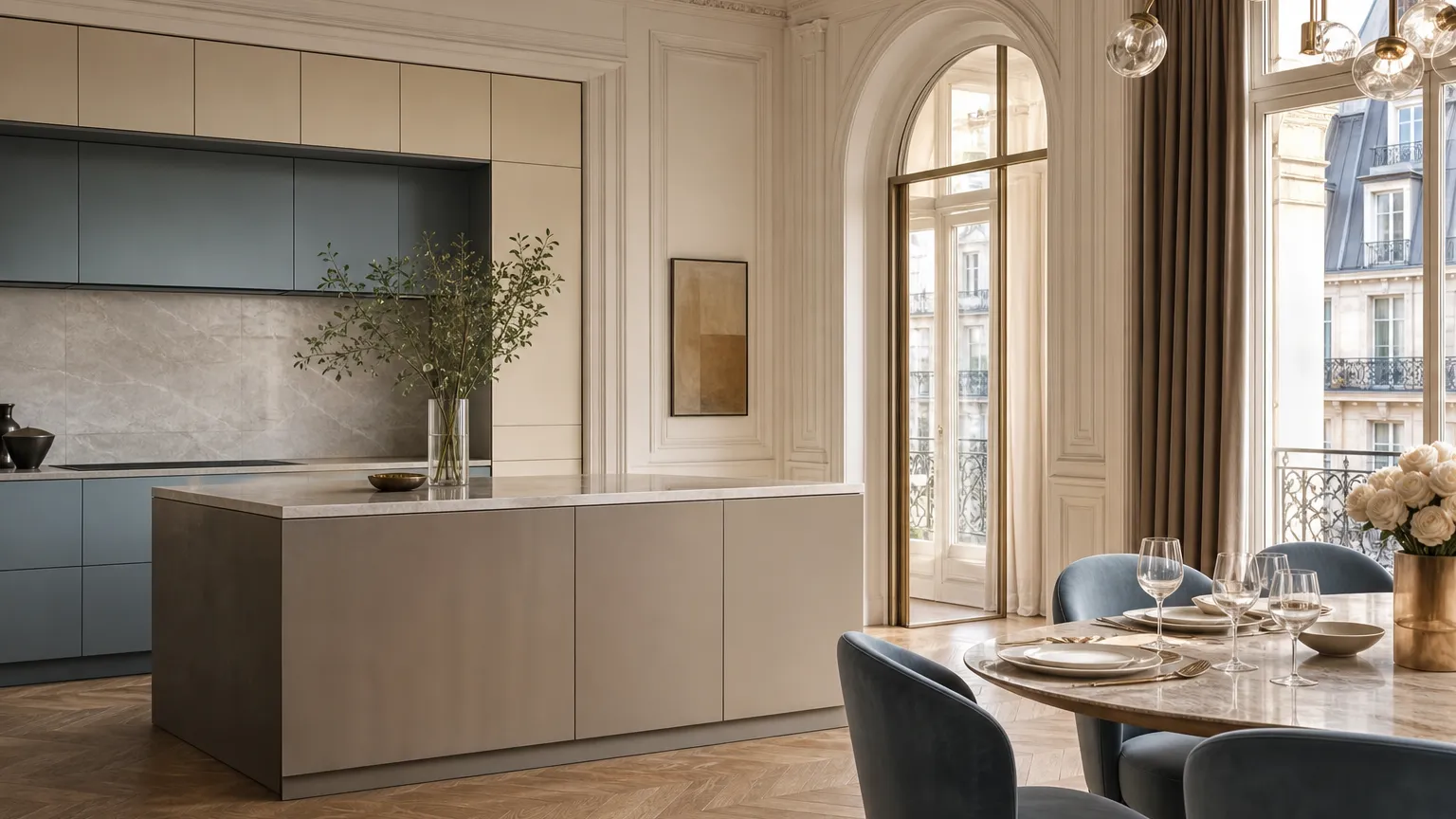 Paris family kitchen with warm taupe cabinetry and a dining table in afternoon light