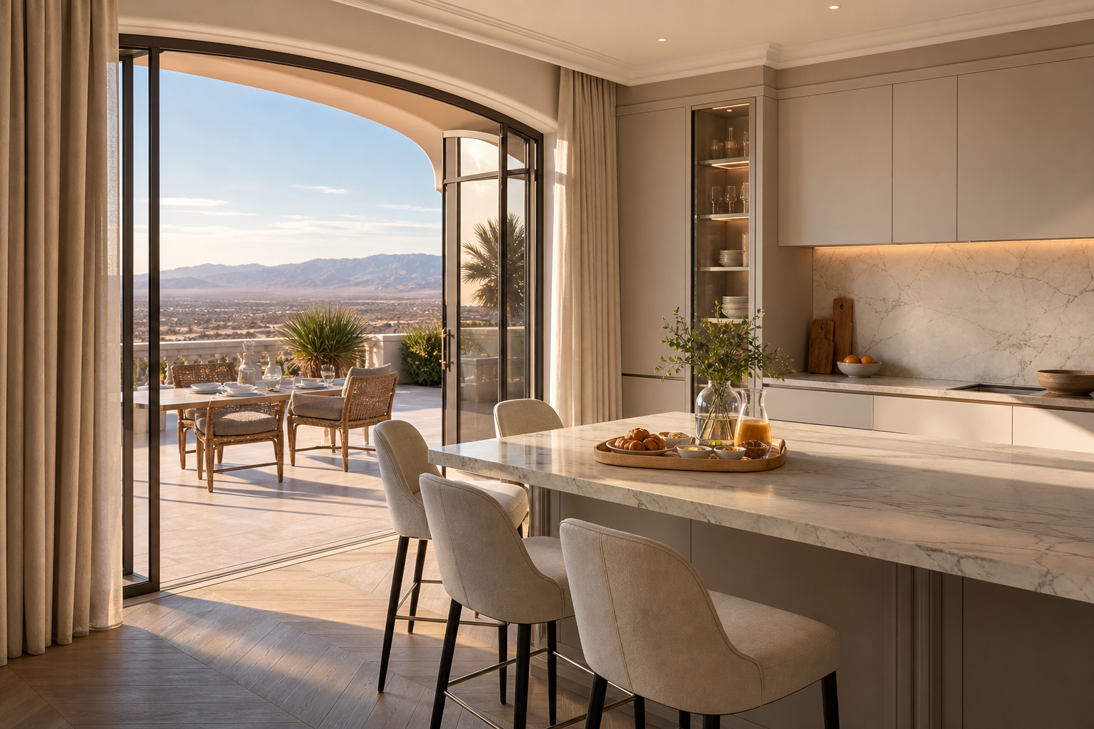 Fadior Las Vegas 200 sqm Kitchen Villa - marble island, terrace doors, dining chairs, desert light