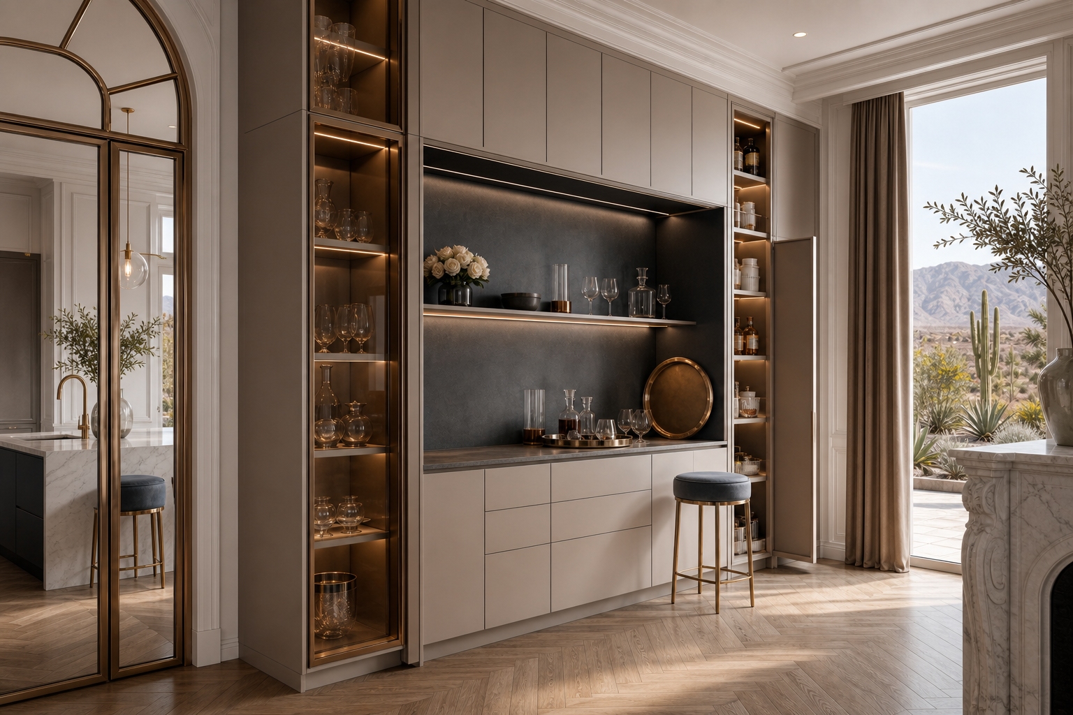 Fadior Las Vegas 200 sqm Kitchen Villa - pantry cabinet, beverage counter, shelves, desert window