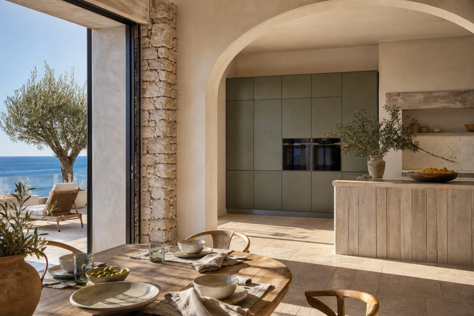 Fadior International 120 sqm Kitchen Apartment — Dining setting beside kitchen island, teak chairs, terrace opening, olive planter, plaster wall, and sunlit tile