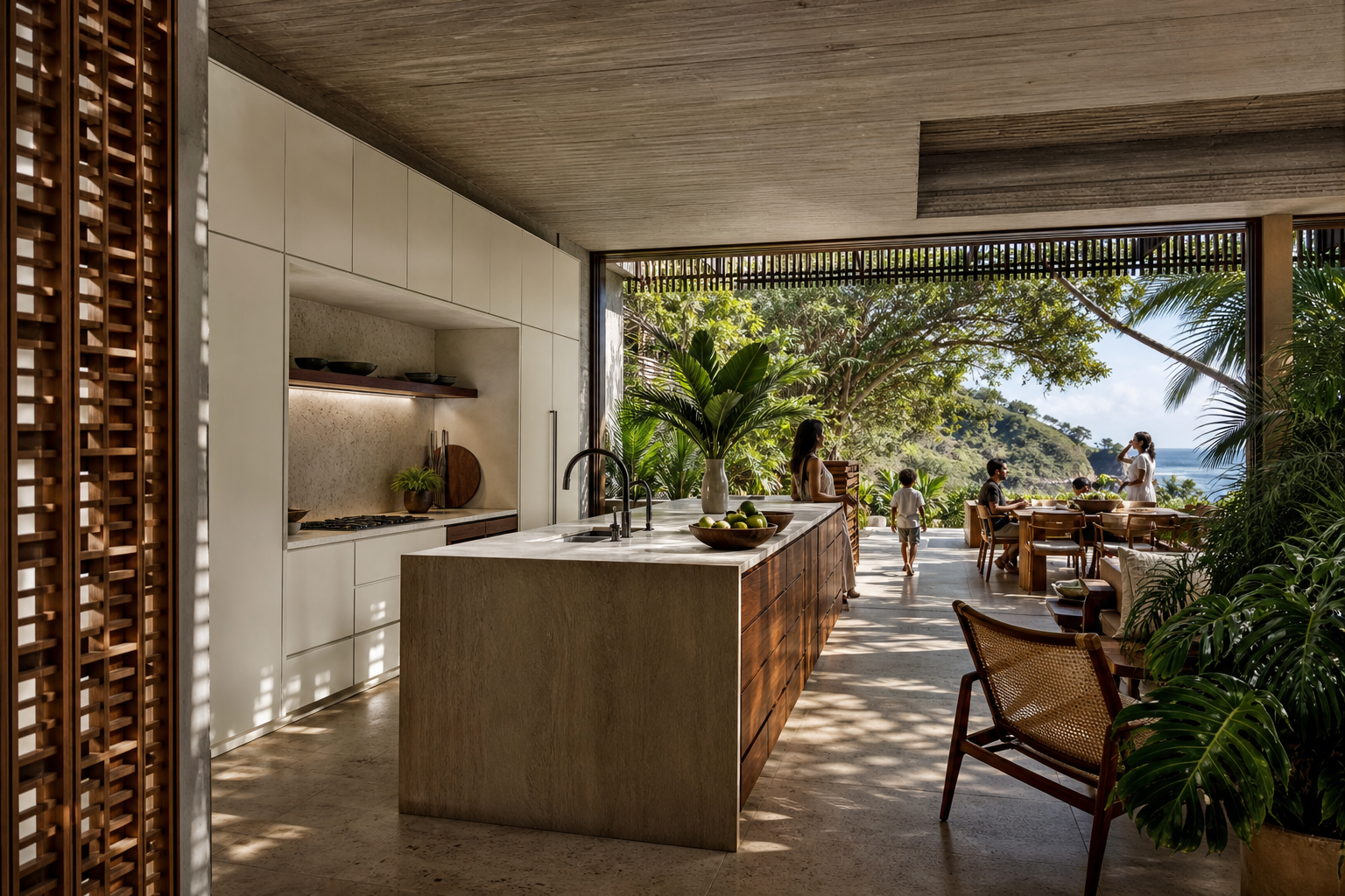 Fadior Lisbon 400 sqm Kitchen Villa — island, cabinet wall, terrace table, garden plants — 304 stainless steel cabinetry installation by Fadior
