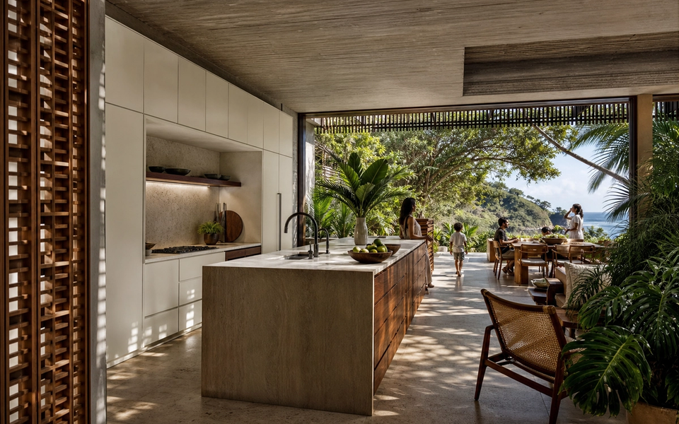 Fadior Lisbon 400 sqm Kitchen Villa — island, cabinet wall, terrace table, garden plants — 304 stainless steel cabinetry installation by Fadior