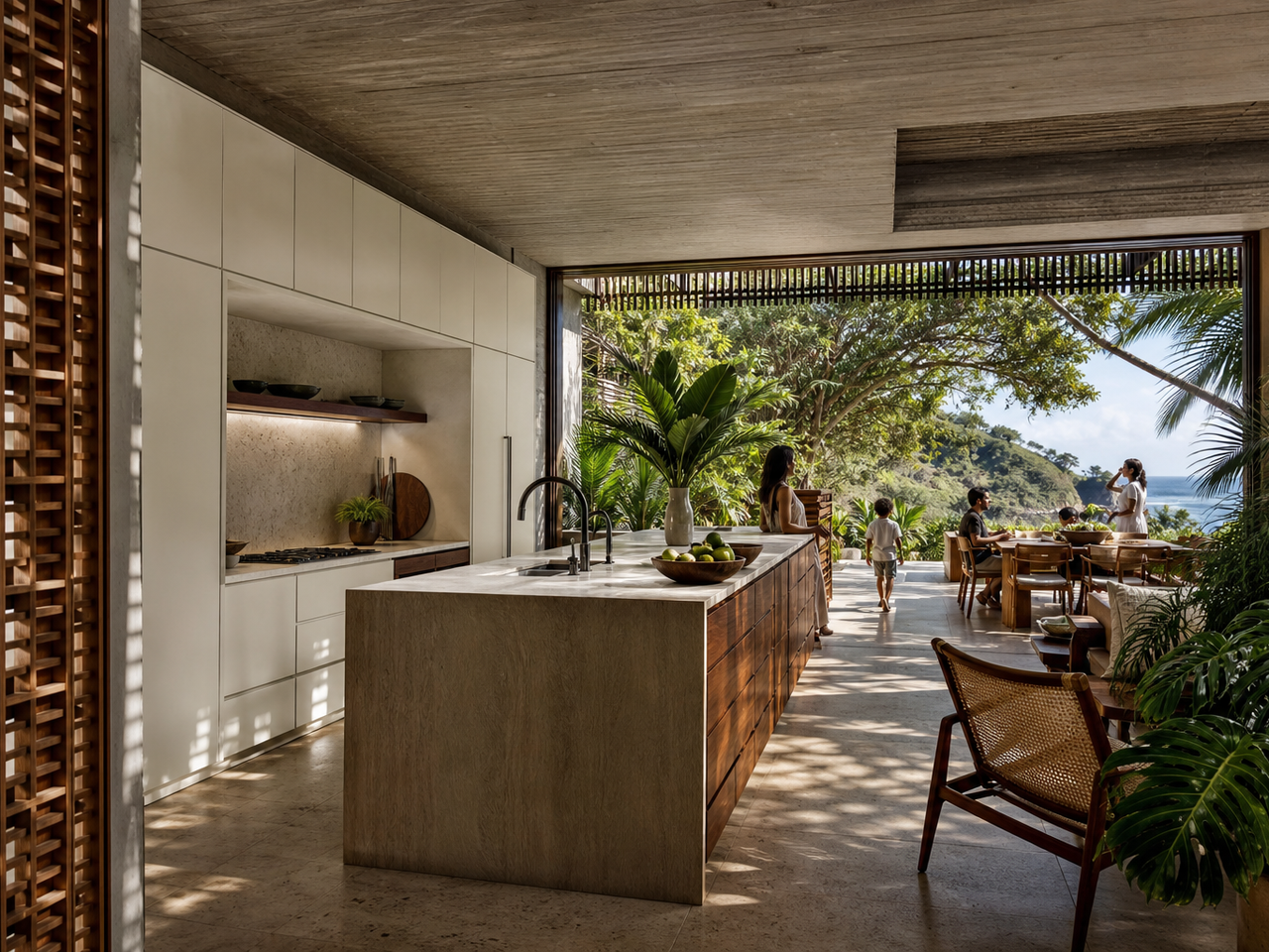 Fadior Lisbon 400 sqm Kitchen Villa — island, cabinet wall, terrace table, garden plants — 304 stainless steel cabinetry installation by Fadior
