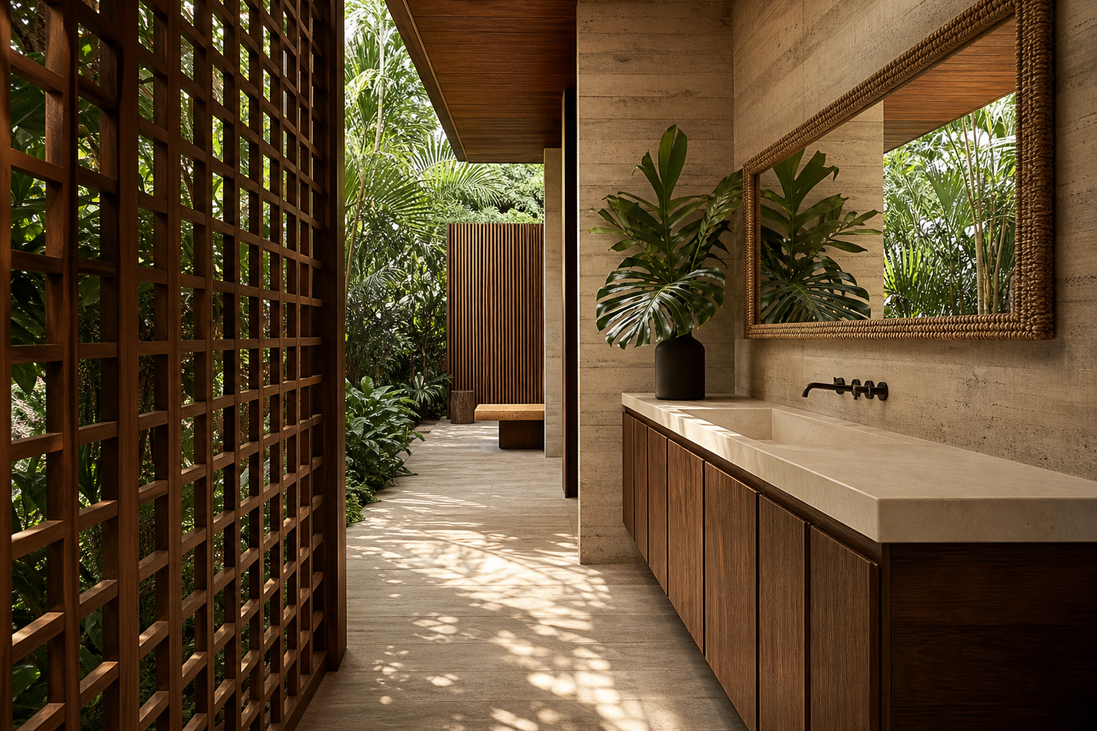 Fadior Verve Bath and Vanity Suite with Stone Reveal Basin Wall — interior room context showing cabinet integration