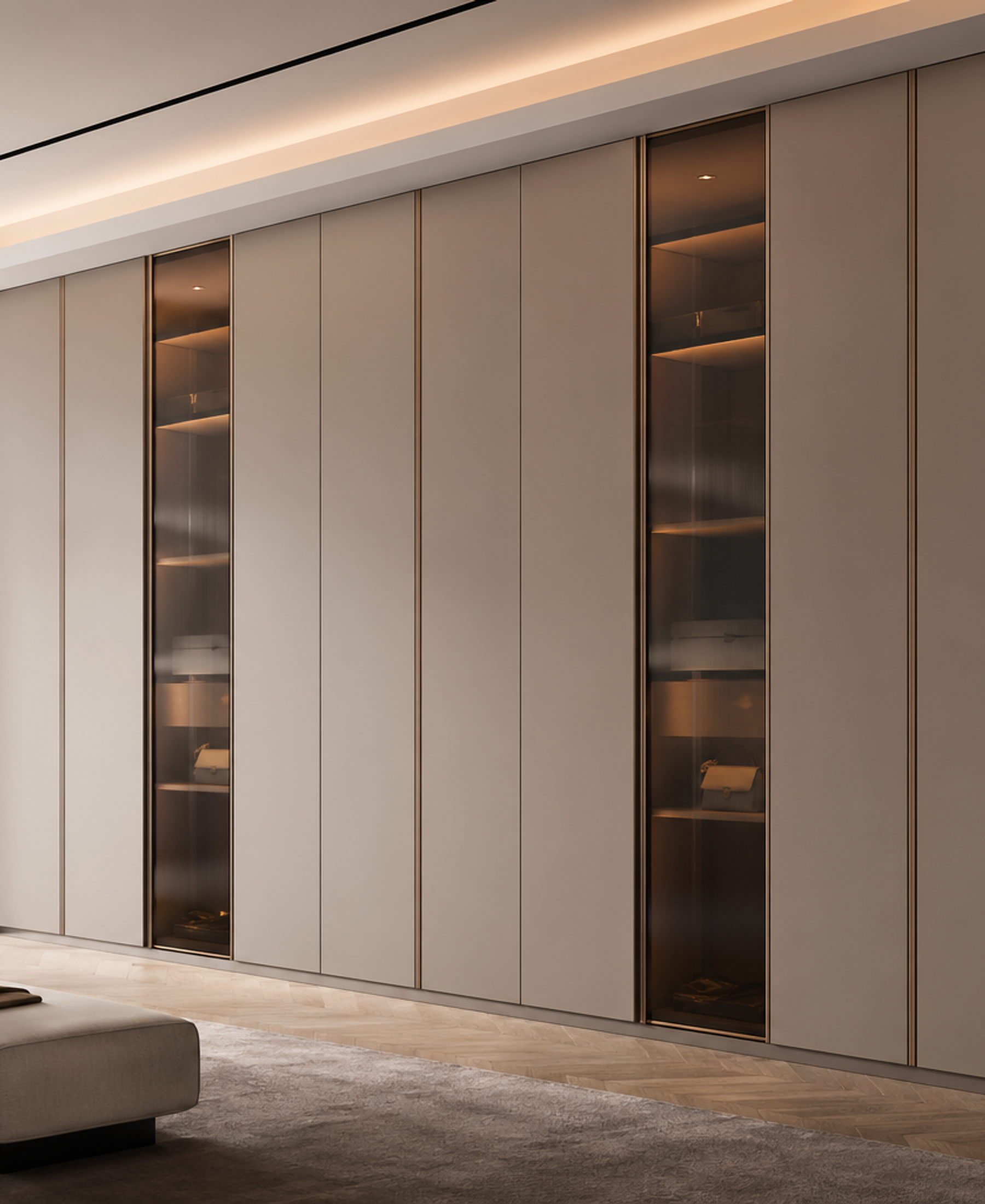 Fadior Lumiere Wardrobe Suite with Soft Glow Dressing Gallery — 304 stainless steel wardrobe system, front view