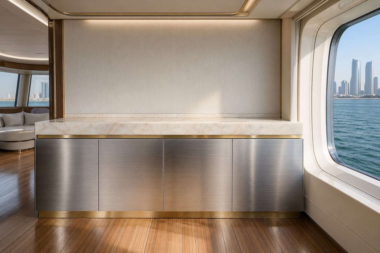 Fadior Gulf Custom Yacht — brushed stainless cabinet, gold trim, onyx counter, teak floor, marine window